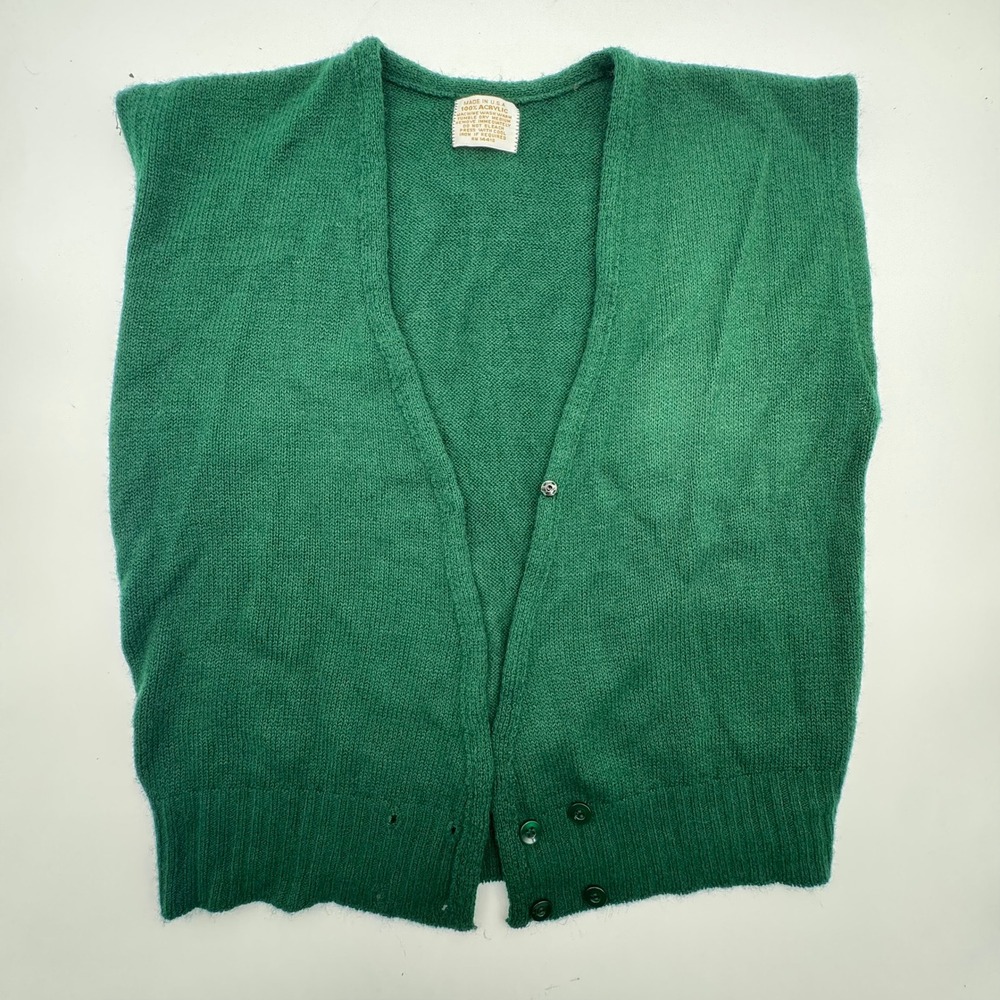 Vintage Green Cardigan Vest V-Neck Button Front Acrylic Knit USA Made